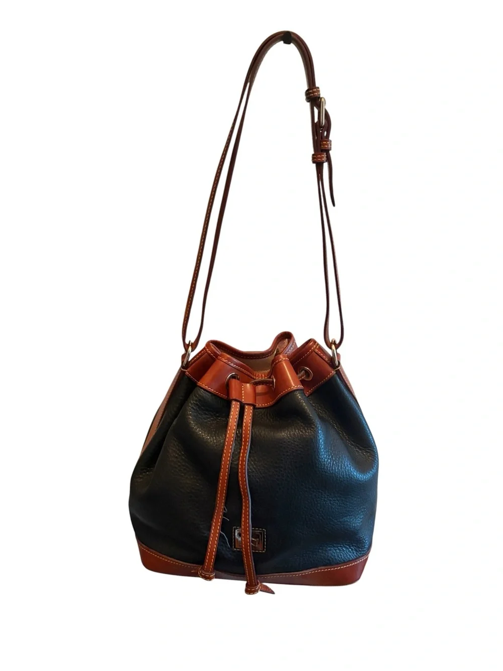 Vtg Dooney & Bourke Black Pebbled Leather Drawstring Bucket Bag Shoulder Purse